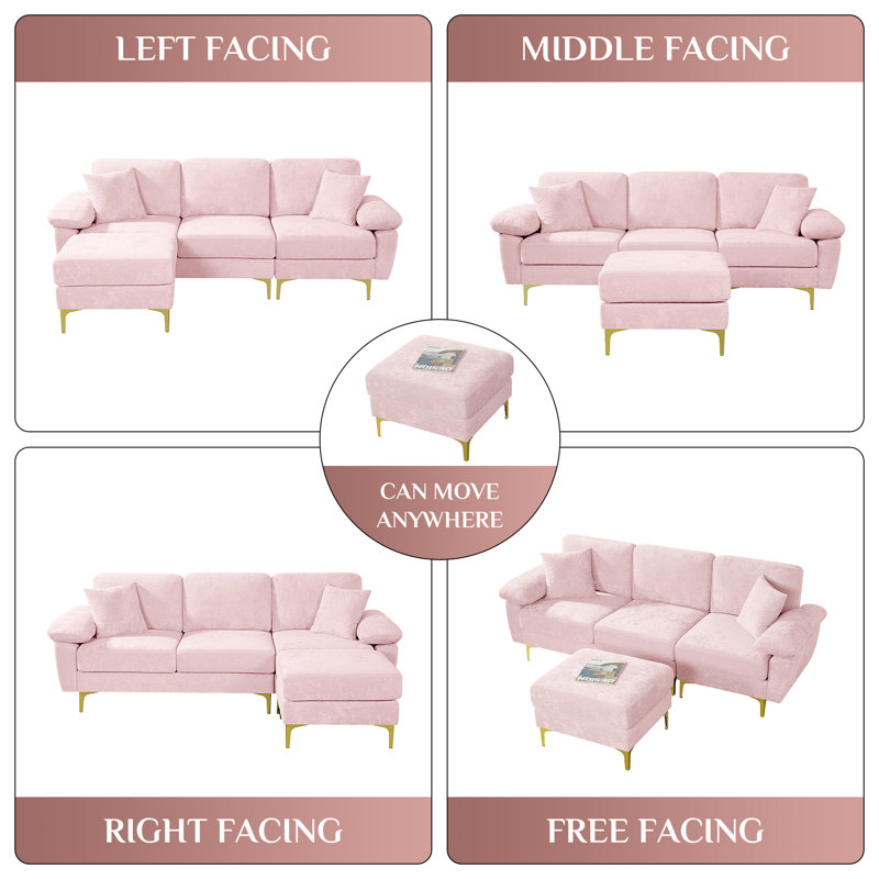 91" L Shaped Velvet Sectional Sofa with Chaise Pillows and Gold Metal Legs, Pink Polyester