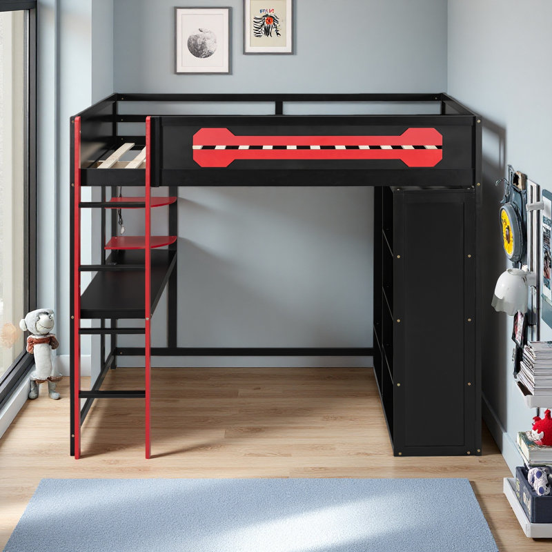 Lit mezzanine en bois pleine grandeur avec bureau, garde-robe ouverte et lumière RVB, Rouge / Noir