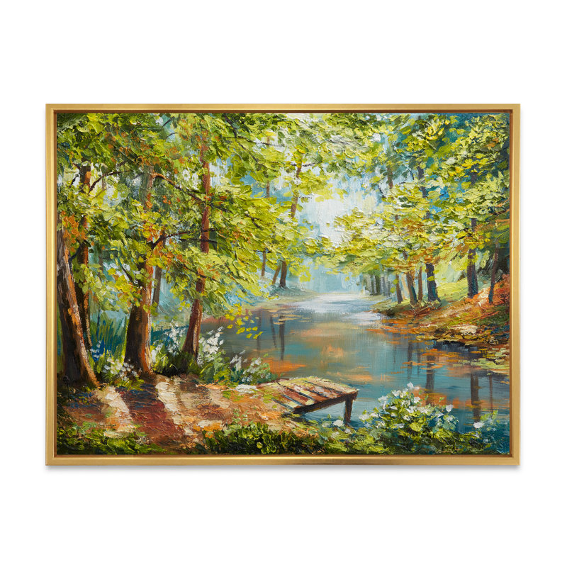 Forêt d'automne avec rivière sinueuse - Peinture sur toile, H 24 po x l 32 po x P 1 po, Cadre flottant doré