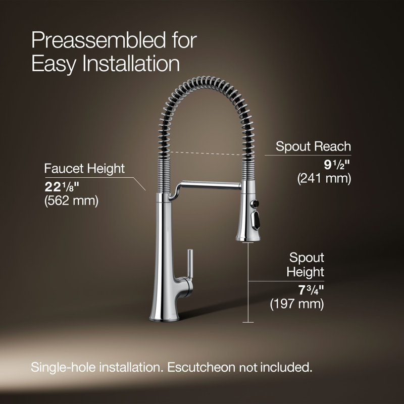 Kohler Tone Single Handle Semi-Professional Pre-Rinse Kitchen Sink Faucet with Three-Function Pull Down Sprayer