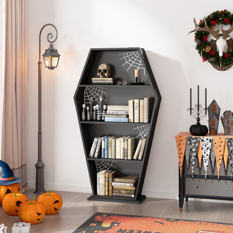 Halloween Goth Coffin Bookshelf 48''H - Wood Tall Coffin Shelf with Spider Web Gothic Decor, Black Spooky Curio Shelf for Home Decor