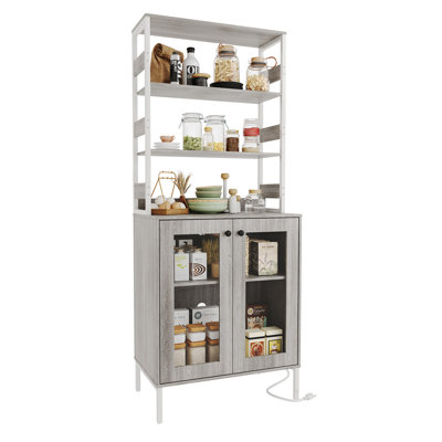 67" Tall Wine Bar Cabinet Liquor Cabinet with Power Outlets, Farmhouse Liquor Cabinets with Adjustable Shelf
