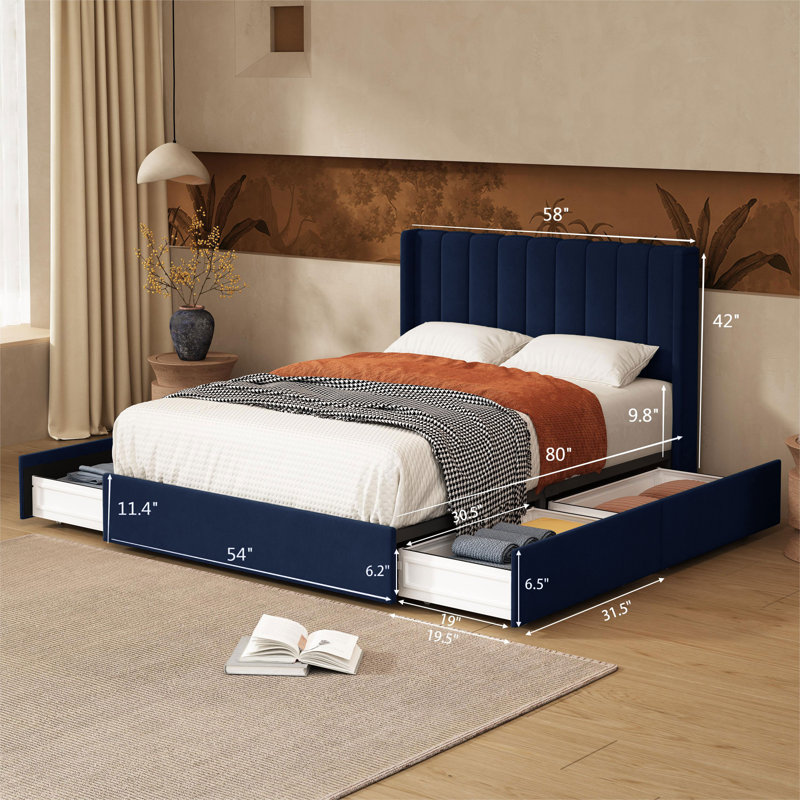 Jeilyn Upholstered Platform Drawer Storage Bed, Queen, Blue