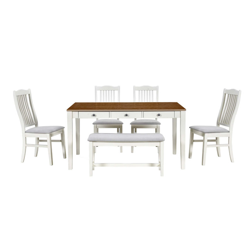 Fulton Modern 6 Piece Dining Set With Rectangular Table Four Chairs And Bench Mid Century Style Durable Solid And Engineered Wood Furniture For Dining Room