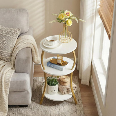Vintage Round Side Table, 3-Tier Slim End Table With Storage, White & Gold