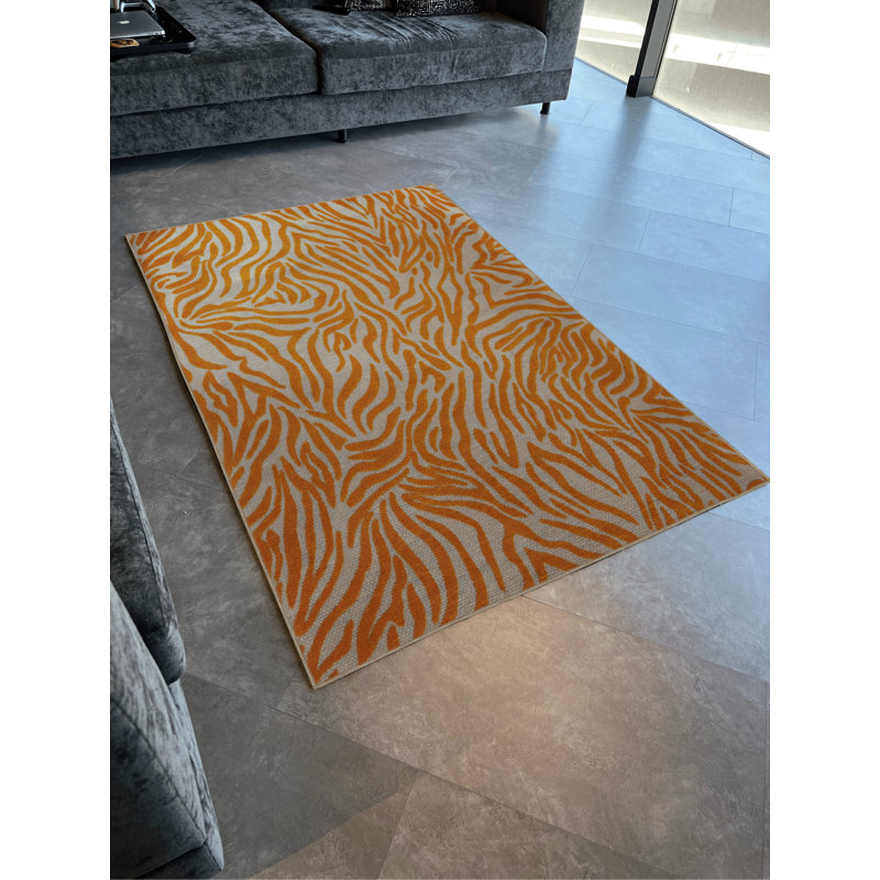 Tapis décoratif orange et beige à motif abstrait zébré, Rectangle 3 pi 11,24 po x 5 pi 10,87 po