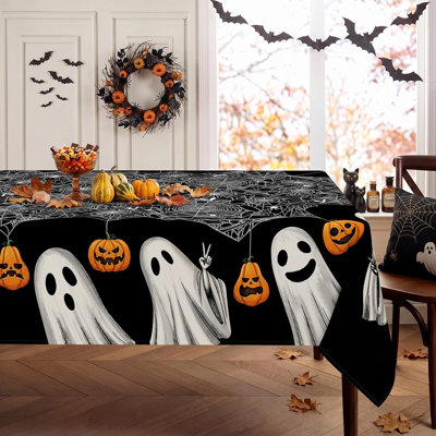 Nappe noire d'Halloween - toile d'araignée, fantôme et lanterne en tissu Jack-O’-Lantern, décoration de fête d'Halloween rectangulaire pour tables de salle à manger, maison hantée et rassemblements saisonniers
