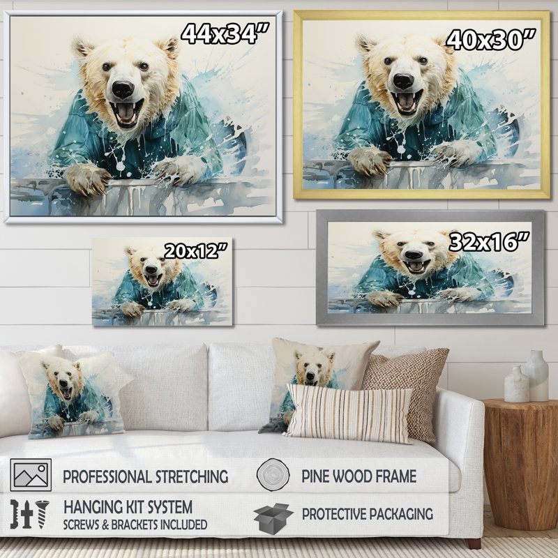 " Polar Bears Snowy Portrait ", White Floater Framed, 16" H x 32" W x 1" D