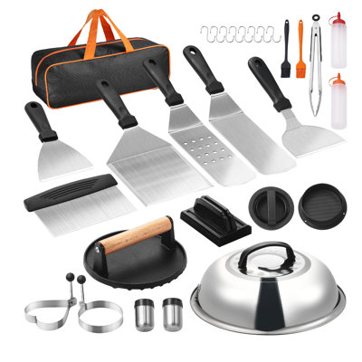 Ensemble d'accessoires de plaque chauffante 28 pièces, accessoire de barbecue à plateau plat, ensemble de cadeau de spatule agrandie, outils de gril en acier inoxydable avec couvercle à langer, pince, presse à hamburger, sac de transport, pour barbecue extérieur Teppanyaki