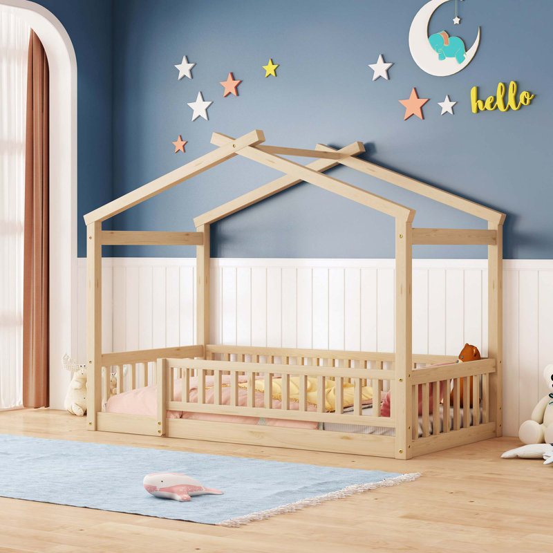 Cadre de lit en bois avec clôture, Naturel, Simple