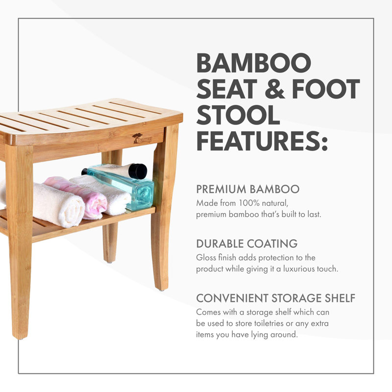 Natural Bamboo Shower Seat Bench with Underneath Shelf