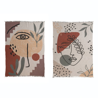 Jeté en coton à imprimé abstrait avec motif abstrait, motif et frange
