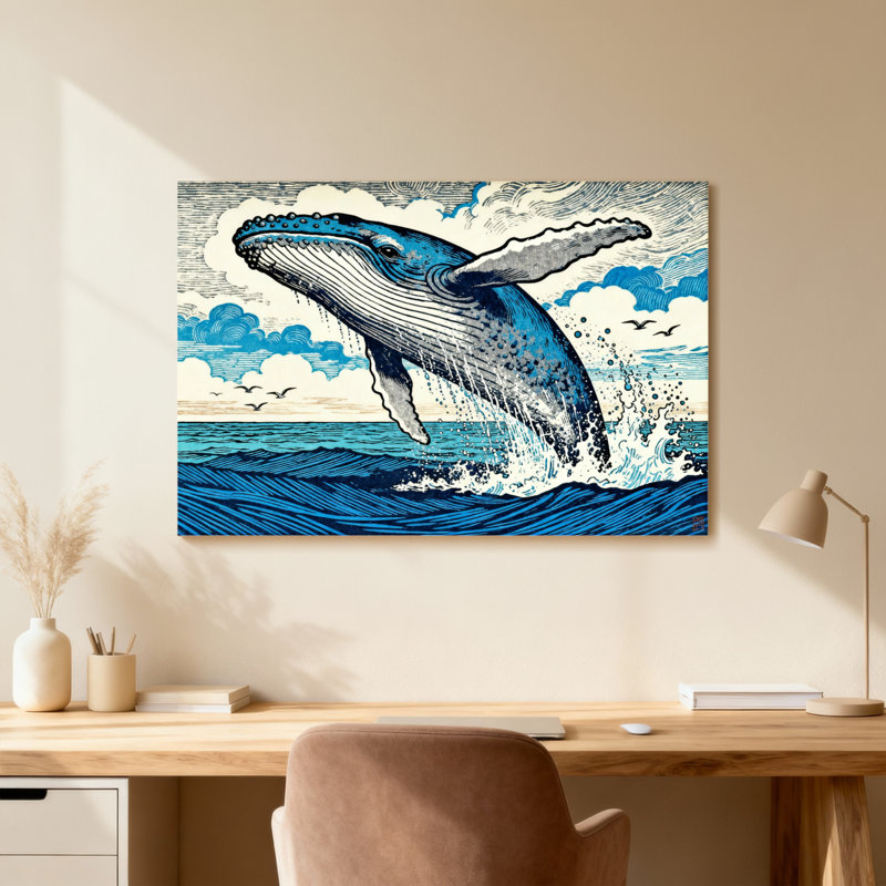 Animal, baleine, saut, océan, vagues, ciel, oiseaux, nuages, Toile tendue, Ne s’applique pas, H 20 po x l 30 po