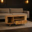 Table basse ovale de style Mid-Century moderne avec rangement intégré, table de salon fonctionnelle avec tiroir, porte coulissante lisse et poignée cannelée décorative en bois, table d'appoint multi-usage