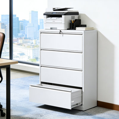 Classeur latéral à 4 tiroirs, 35,4 pouces de large, métal robuste, verrouillable pour le bureau à domicile, tiroirs d'une capacité de 440 lb, système de verrouillage en métal à revêtement thermolaqué blanc, fichiers lettre / légal / A4, plancher