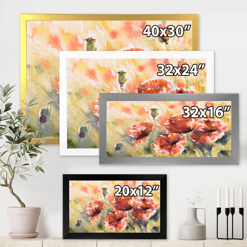 Coquelicot rouge sur un champ - peinture sur toile, Toile encadrée argentée, H 12 po x l 20 po x P 1,5 po