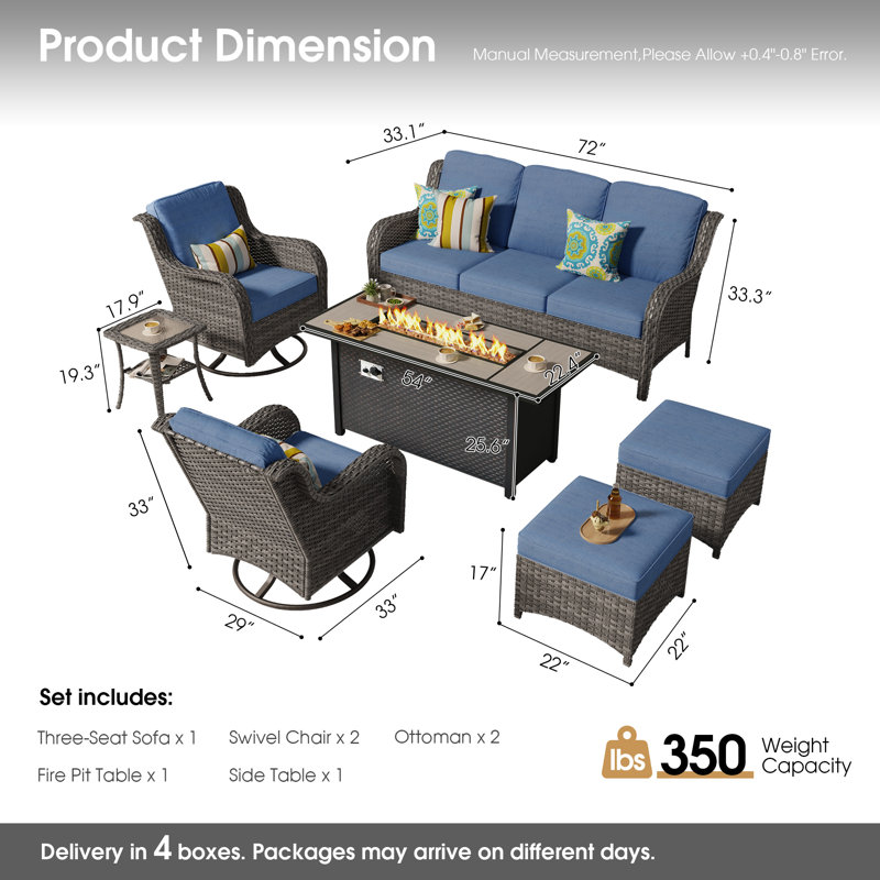 7-person Outdoor High Back Seating Group With Cushions,swivel Rockers And Fire Pit,all-weather Wicker Patio Set, Gray