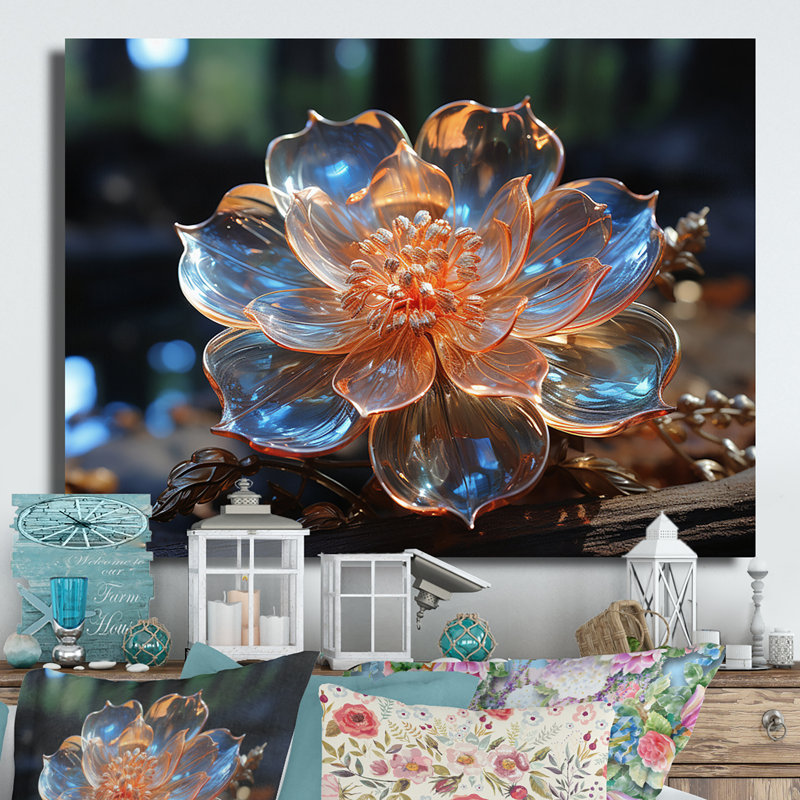 Fleurs de cristal orange I - décoration murale florale en métal, H 12 po x l 20 po x P 1 po