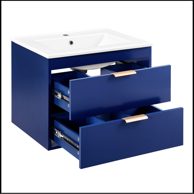 24" floating wall mounted bathroom vanity with white ceramic sink and drawer storage, Blue