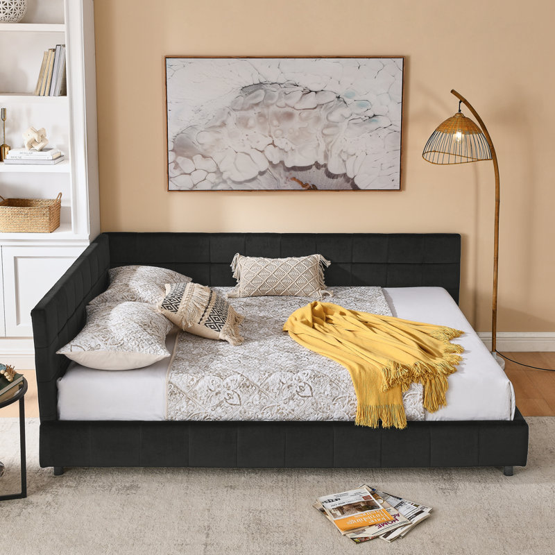 Queen Size Upholstered Tufted Bed Frame, Sofa Bed Frame With Comfortable Backrest And Armrests, Queen Size Bed For Bedroom, Living Room,Velvet, BLACK