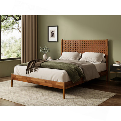 Lit plateforme en bois d'acacia massif avec tête de lit en cuir végétalien tissé à la main, cadre de lit de style Mid-Century moderne, aucun sommier nécessaire, couleur caramel