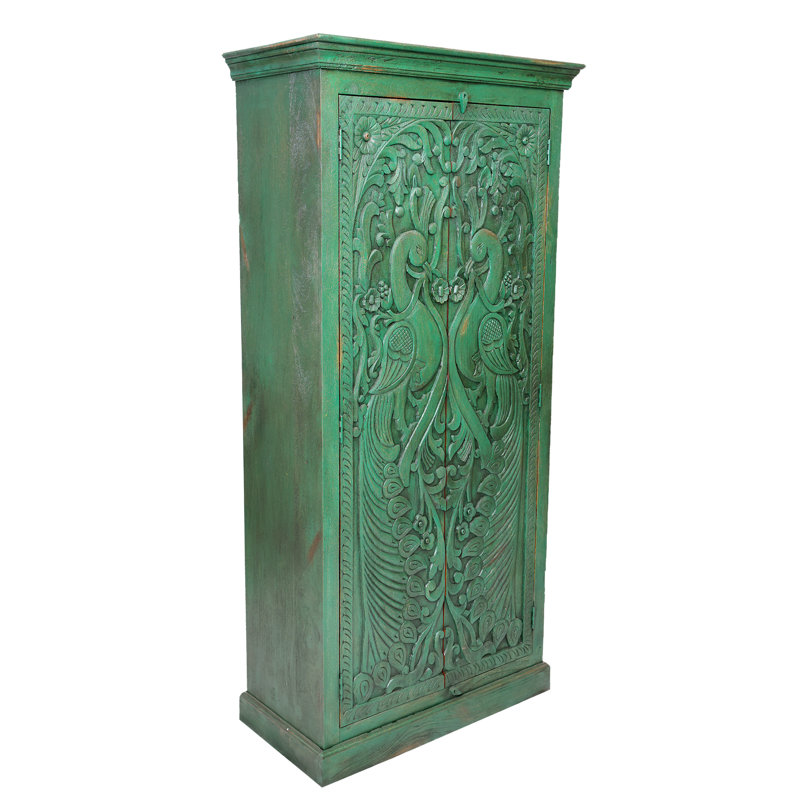 Cameren White Antique Solid Wood Hand Carved 2 Door Peacock Cabinet, Green