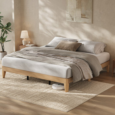 Wood Platform Bed Frame, Sturdy Wooden Slats & Legs, Sturdy Metal Center Support