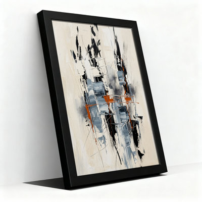 Tableau abstrait à coups de pinceau verticaux noirs, gris et rouille sur toile