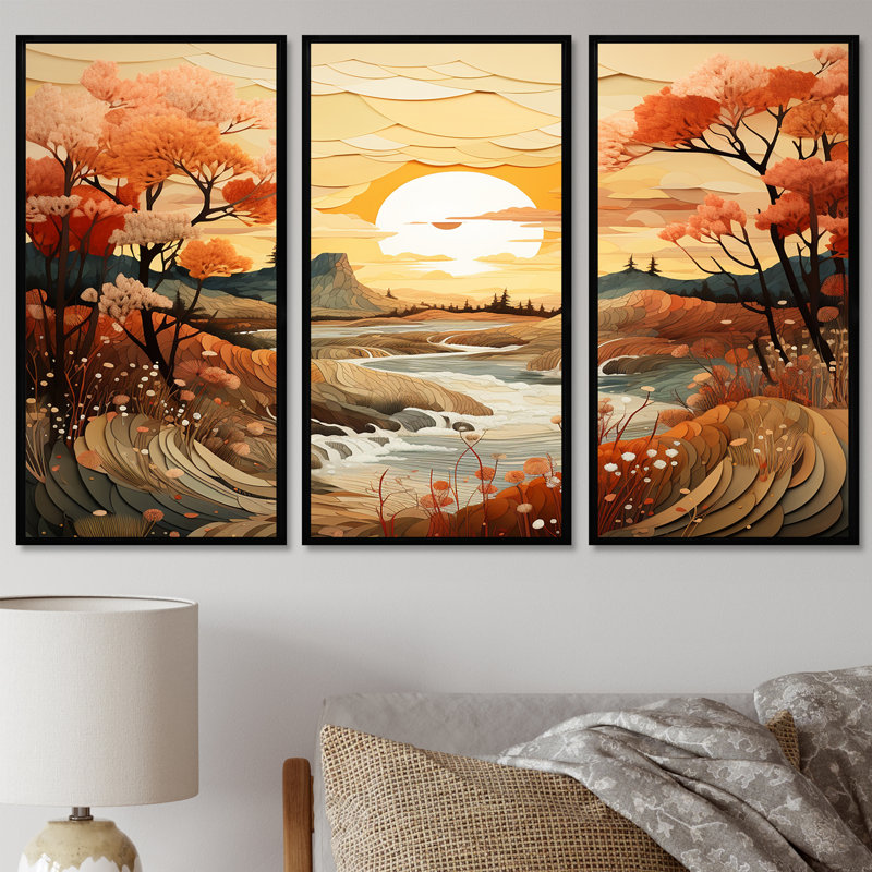 Ensemble de salon art oranges orange coucher de soleil coucher de soleil - forêt et rivière, Cadre flottant noir