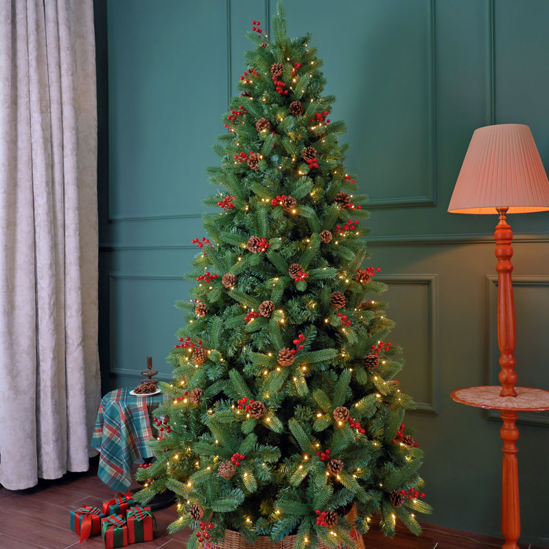 Pre-Lit Christmas Tree, 1220 Pe+Pvc Branch Tips, 450 Multicolor Led Lights-9 Chasing Modes, Xmas Tree With 72 Berries And 72 Pine Cones