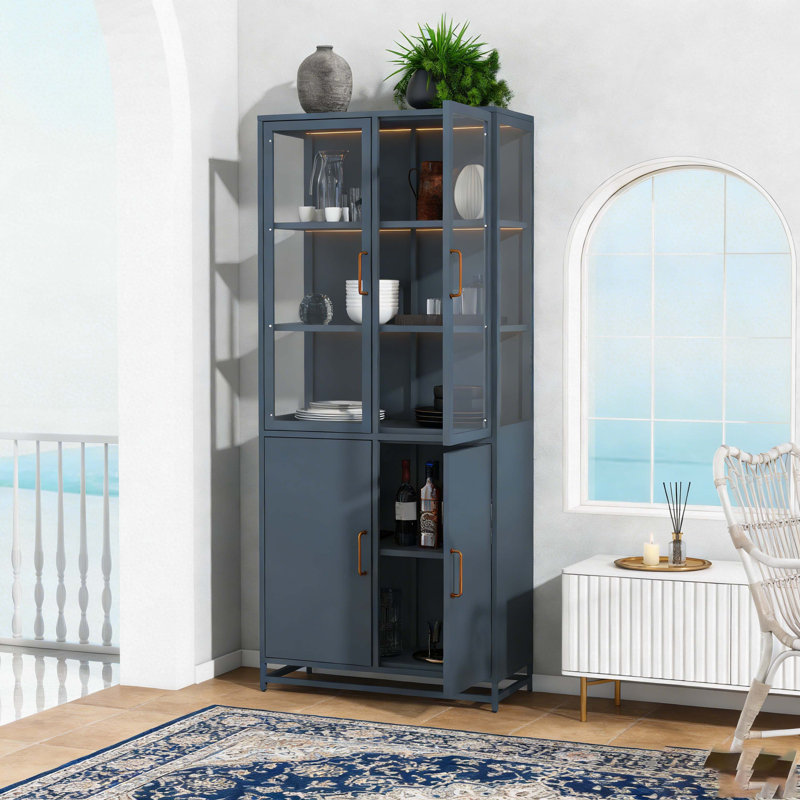 76.75'' Tall Display Cabinet, with Glass Doors and LED Lights, Steel Curio Cabinet with 3-Sided Glass, Pantry Cabinet with Storage for Hallways, Livingroom Kitchen Home Decor & Office - Dark Blue