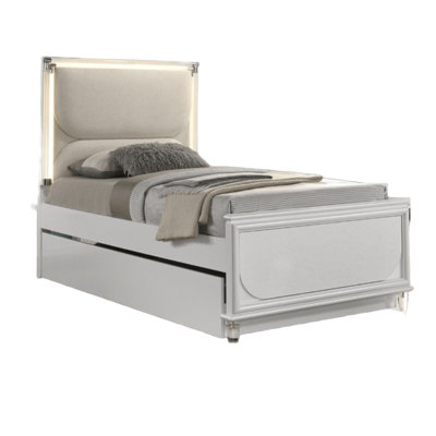 Structure de lit simple contemporaine Pearl White avec revêtement en tissu, bois d'hévéa massif, bois d'ingénierie et tête de lit à DEL avec tissu décoratif, panneaux améliorés