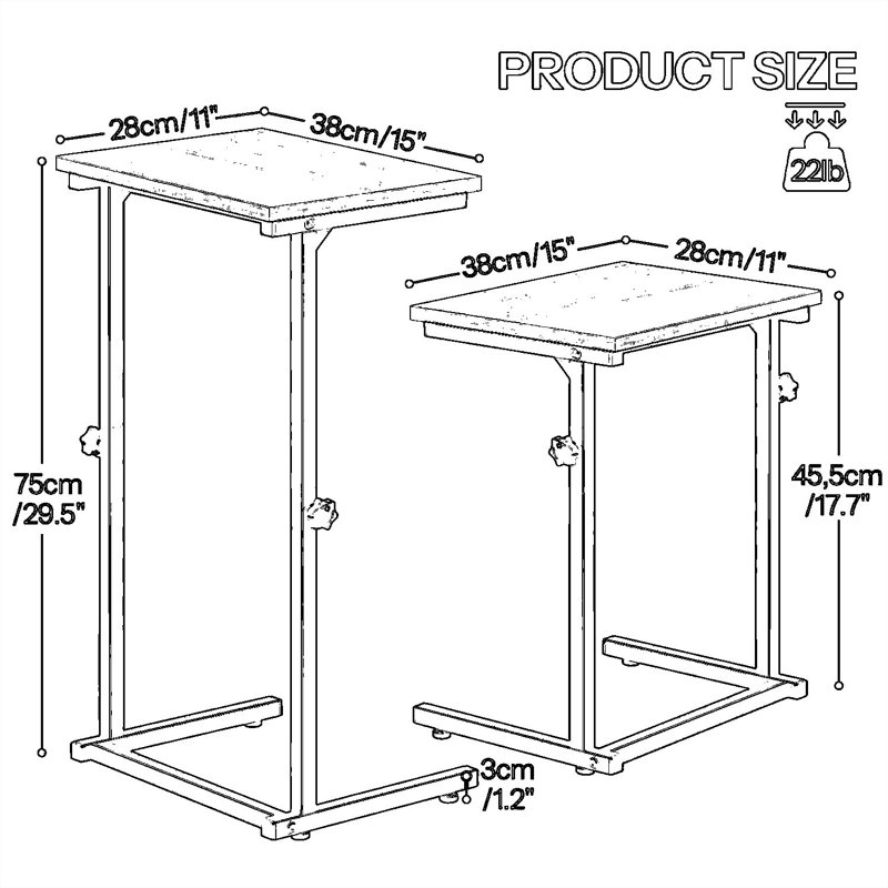 Table de bout à hauteur réglable en forme de C pour canapé et lit, table d'appoint peu encombrante qui se glisse sous les meubles pour le salon et la chambre à coucher