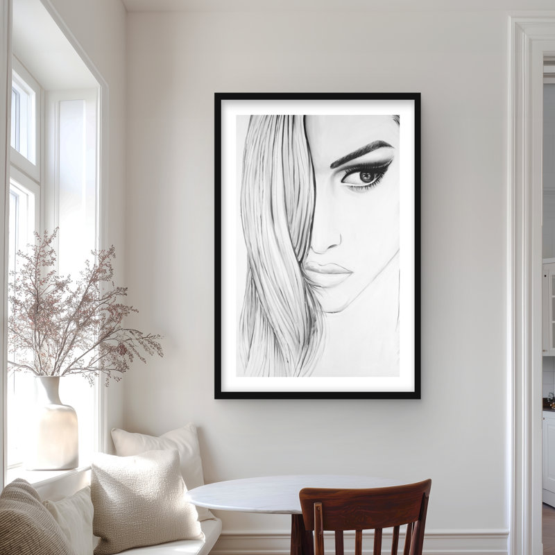 Portrait noir et blanc - femme figurative, impression encadrée