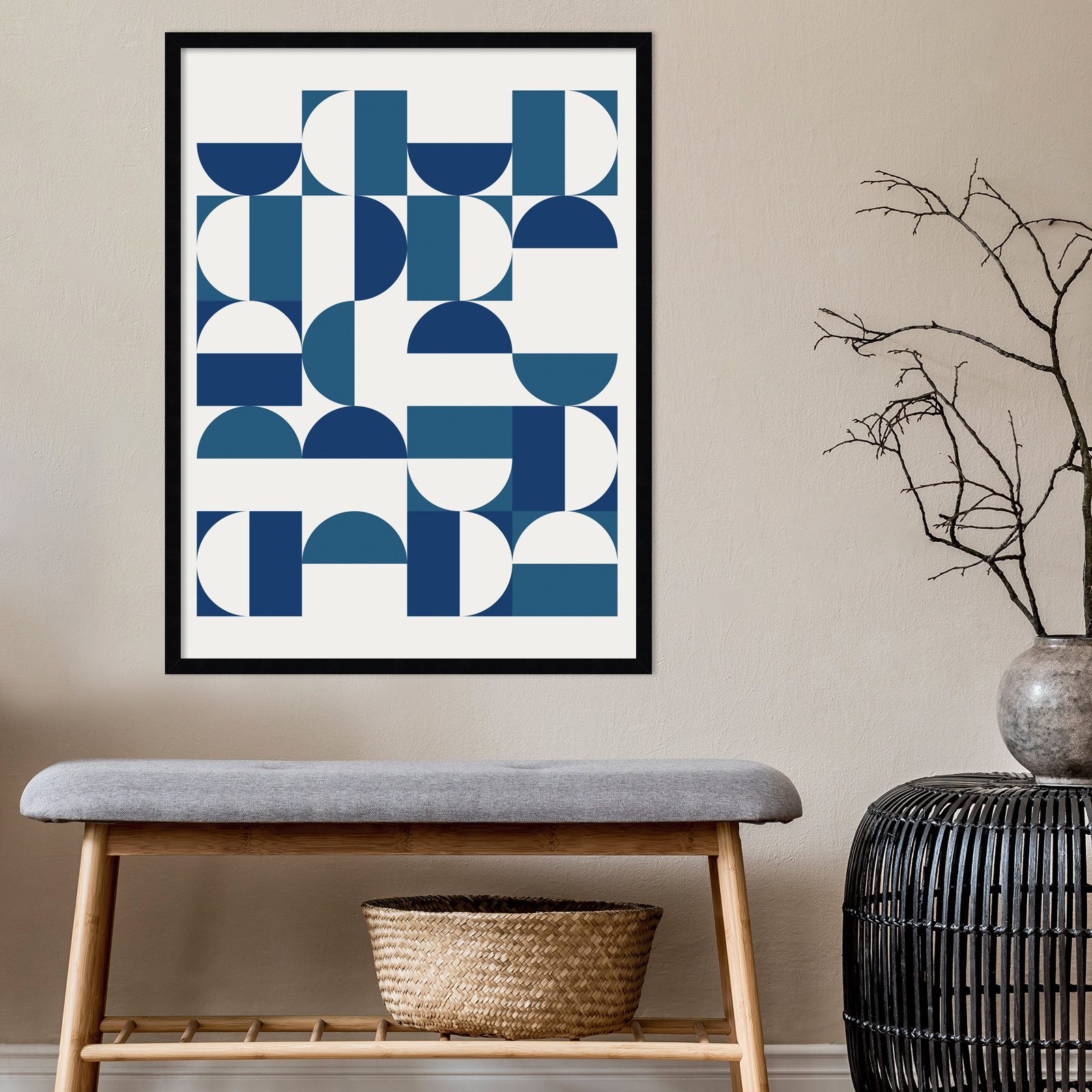 Bauhaus Geometric Blue and Teal Print, Black, 33" H x 25" W x 1" D