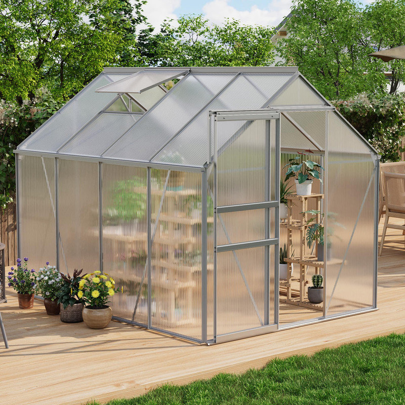 6x8 ft Walk-in Polycarbonate Greenhouse with Aluminum Frame, UV Protected Panels, Adjustable Roof Vent and Rain Gutter for Backyard, Patio, Lawn