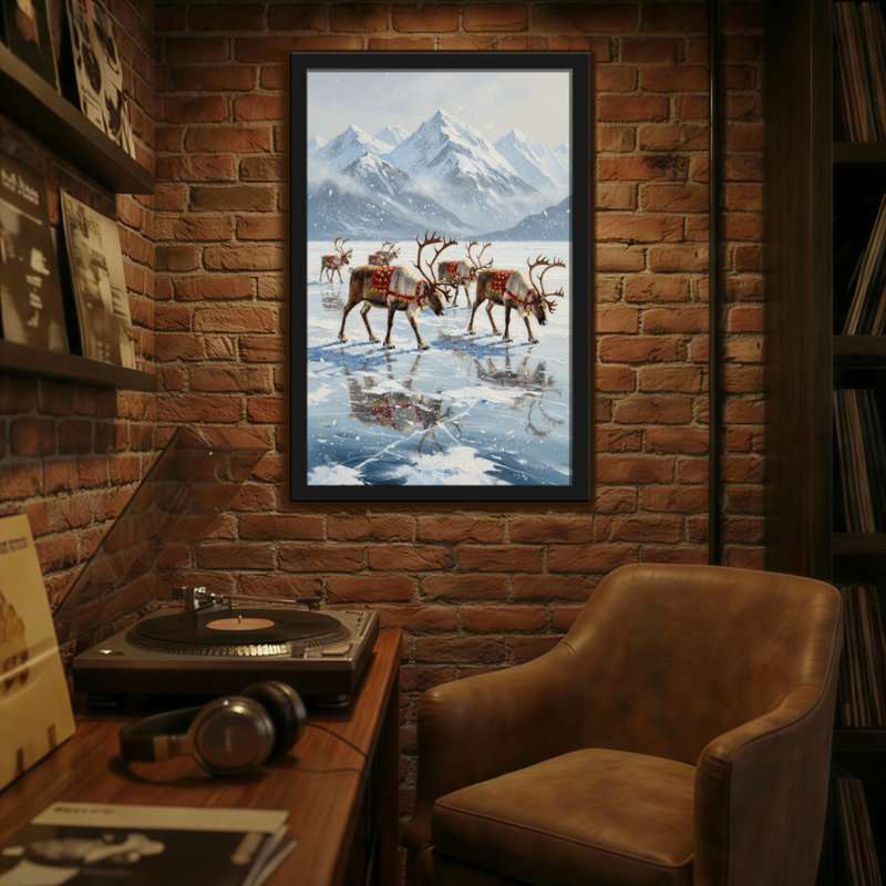 Animaux, renne des montagnes enneigées, paysage d'hiver, H 36 po x l 24 po