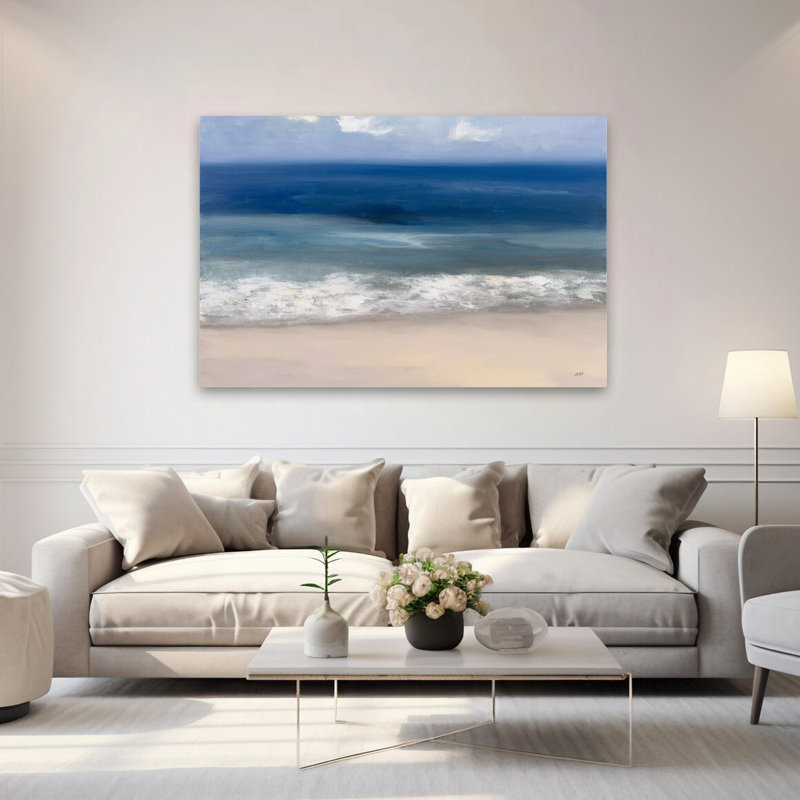 Sable et bord de mer; Nuage de plage contemporain bleu contemporain gris, H 60 po x l 40 po