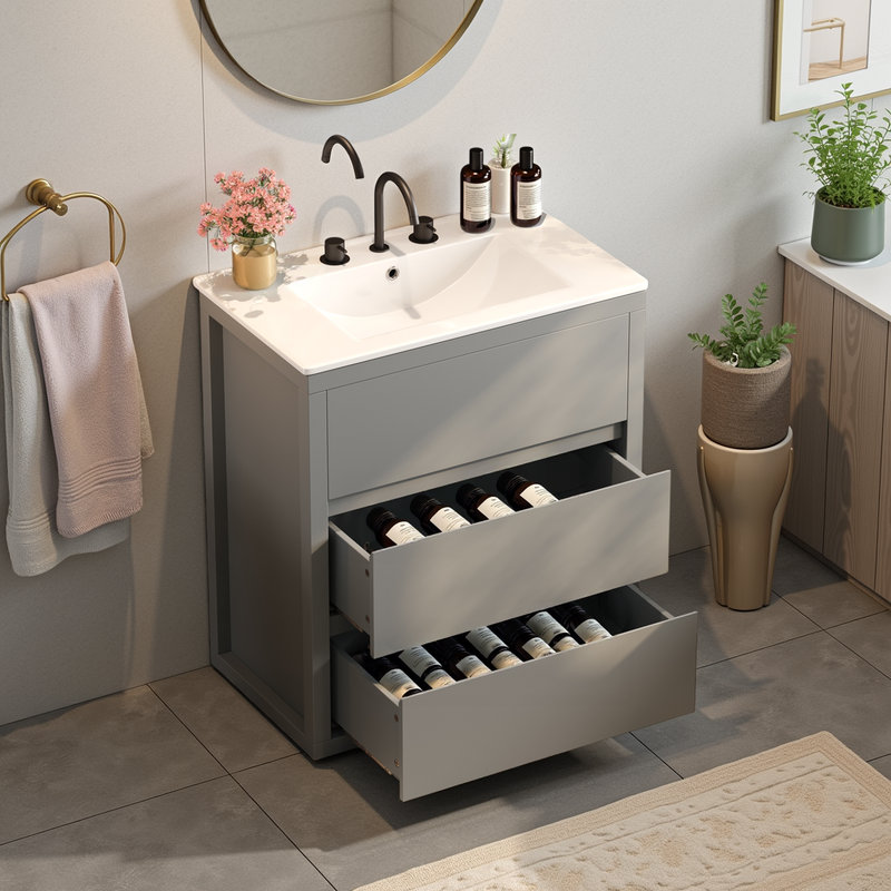 Meuble-lavabo sans poignée avec lavabo en céramique 30 po, Gris