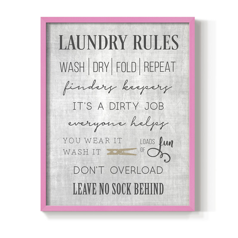 Neutral Laundry Rules Framed Print - Solid Wood, Pink, 11" H x 9" W