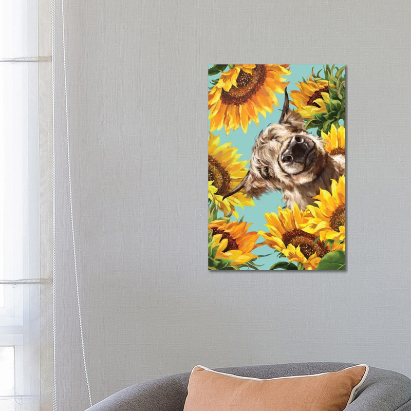 «Highland Cow with Sunflower» par Big Nose Work - impression d'art graphique, H 12 po x l 8 po x P 0,75 po, Toile tendue