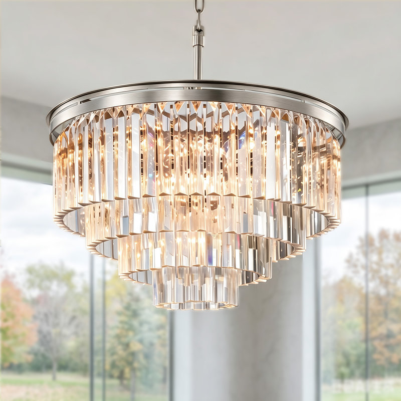 Lustre rond en cristal 13 lumières 27 po, H 16,5 po x l 27 po x P 27 po, Nickel brossé, 13 lumières