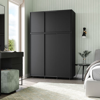 2 Sliding Doors Wardrobe 2 Drawer Bedroom Clothes Hanging Rail Grey Carcass with Black Doors Storage Cupboard