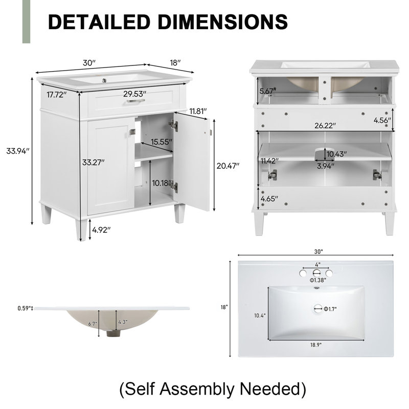 Meuble-lavabo autoportant avec lavabo en céramique, tablettes réglables et portes à fermeture douce , Blanc