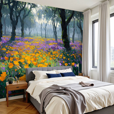 Boho Peel and Stick Wallpaper Painting Rainbow Flower Field Peaceful Atmosphere Wall Murals 100"H x 144"W Removable PVC Wall Paper Self-Adhesive Wall Decor for Bedroom Living Room Home Office