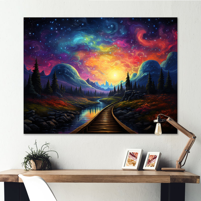 Starry Night Train Tracks To The Sky I - Train Wall Art, 12" H x 20" W x 1" D, Wrapped Canvas
