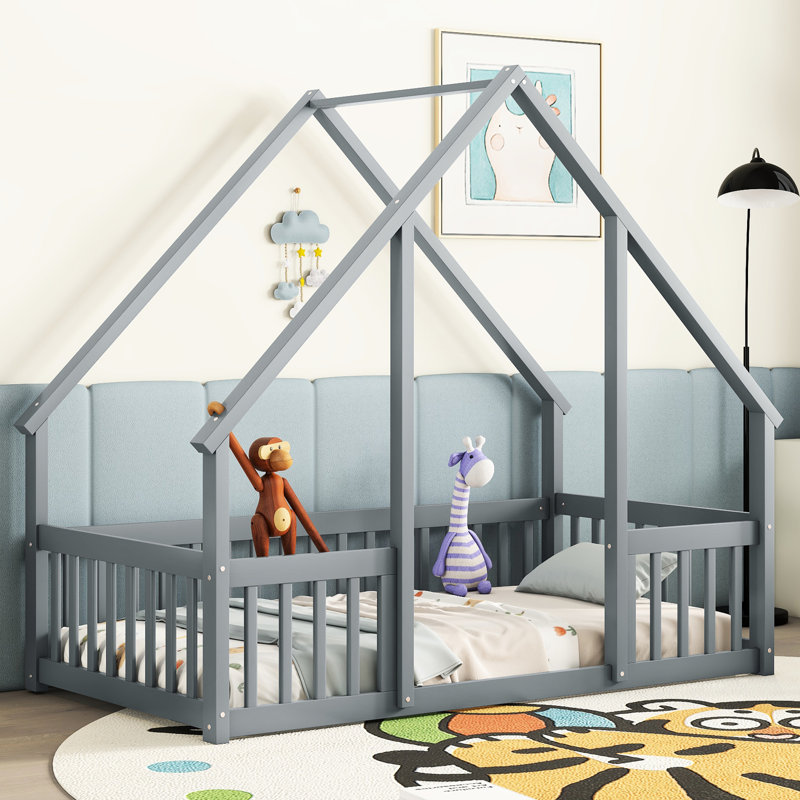Lit simple gris avec conception de maison et garde-corps - Une nuit de repos, Gris