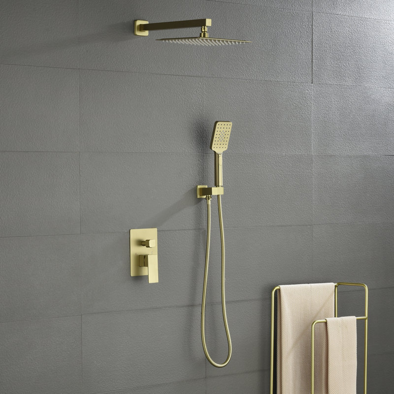 Système de douche à pression équilibrée à 2 fonctions avec valve brute et douchette multifonction, Or brossé