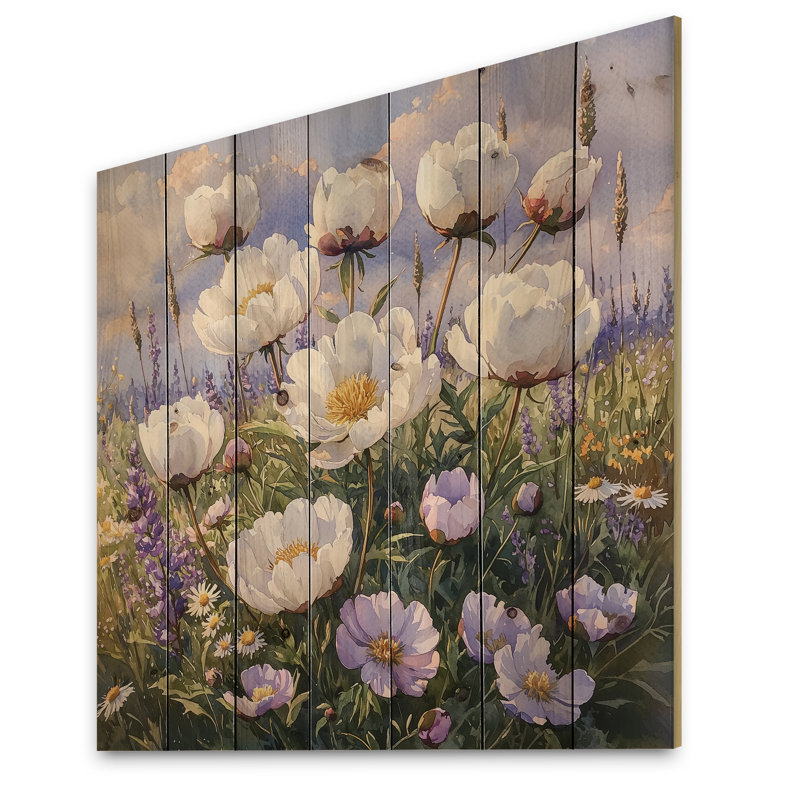 Peonies In The Wildflower Field III - Peonies Wood Wall Art - On Natural Pine Wood, 30" H x 30" W x 0.78" D