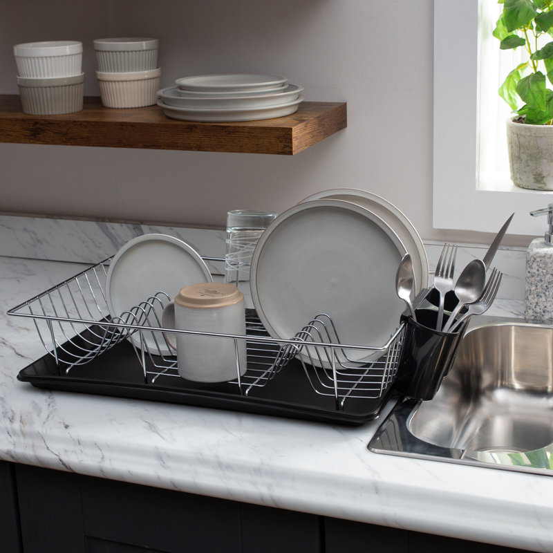 Black Chrome Metal Countertop Dish Rack with Tray